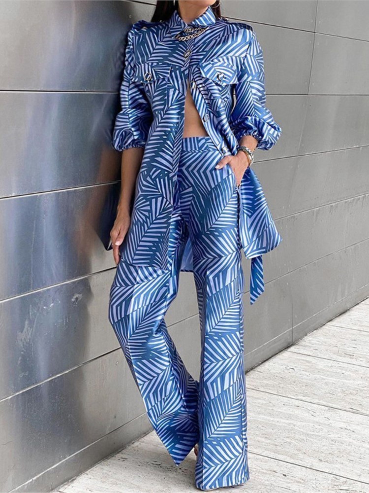 Women's Two Piece Pant Printed Blazer Suit Straight Sets Fashion Chic Button Up Blouse 2 Set 2023 Office Ladies Commute Wears 230609