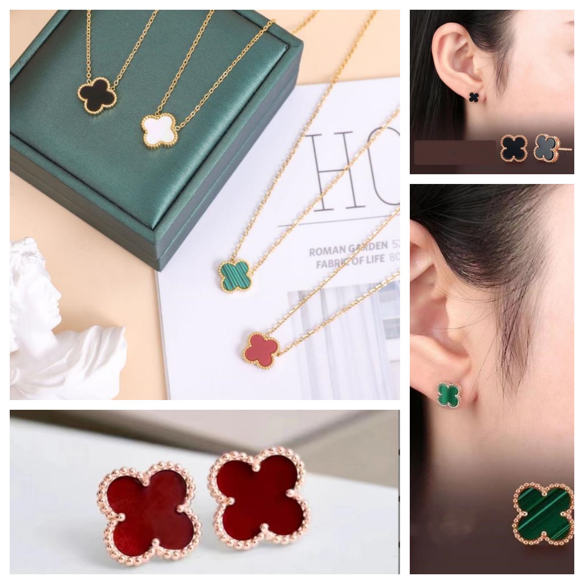 

Newest Classic Womens Designer Necklace Fashion Flowers Four-leaf Clover Cleef Pendant Necklace 18K Gold Necklace & ear stud Womens Jewelry Gifts no box