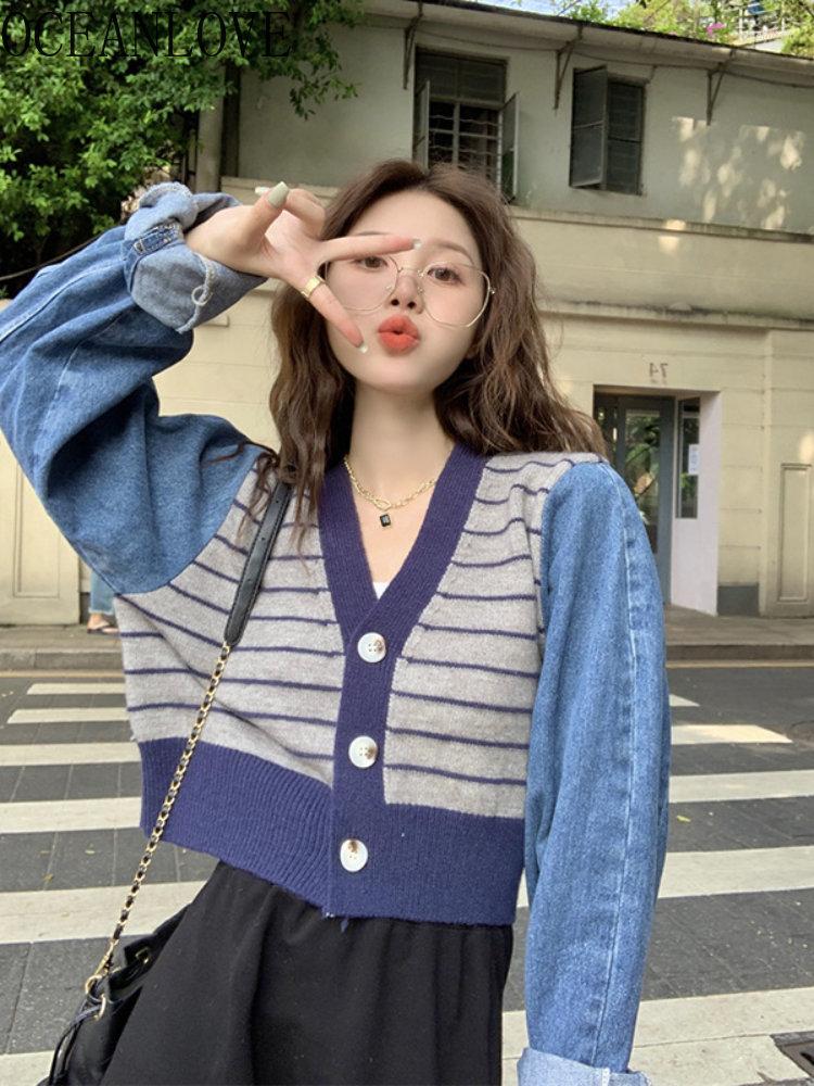 Women's Knits OCEANLOVE Denim Patchwork Women Sweaters V Neck Striped Contrast Color Vintage Cardigans Short Korean Sueter Mujer Fashion, Gray
Women's Knits OCEANLOVE Denim Patchwork Women Sweaters V Neck Striped Contrast Color Vintage Cardigans Short Korean Sueter Mujer Fashion, Gray