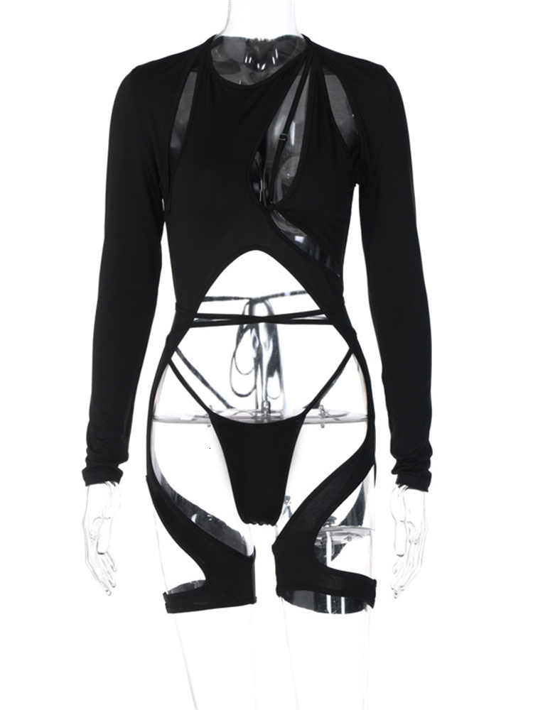 Womens Jumpsuits Rompers CHRONSTYLE Women Black Hollow Out Bodysuits Irregular Cutout Long Sleeve Sleepwear with Bandage Thongs Nightwear Playsuits 23