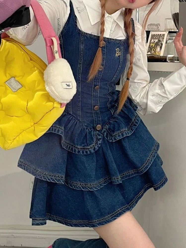 Basic Casual Dresses Preppy Style Kawaii Cake Ruffle Mini Dress Sets Patchwork Sweet Cute Slim Y2k E Girl Korean Fashion Women Vintage Denim Dresses 2