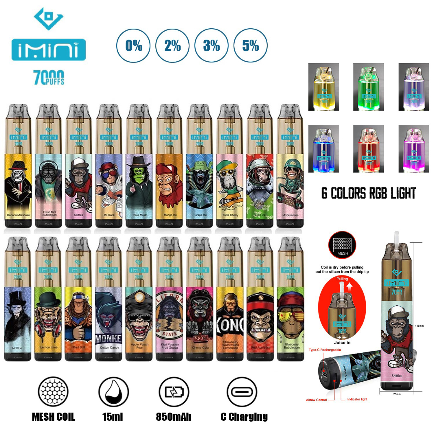 Original Imini 7000 Puffs Disposable E Cigarette RGB 15ml Prefilled 850mAh Rechargeable Vape Device Leakproof Design Vapor 20mg 30mg 50mg for RandM Tornado
Original Imini 7000 Puffs Disposable E Cigarette RGB 15ml Prefilled 850mAh Rechargeable Vape Device Leakproof Design Vapor 20mg 30mg 50mg for RandM Tornado