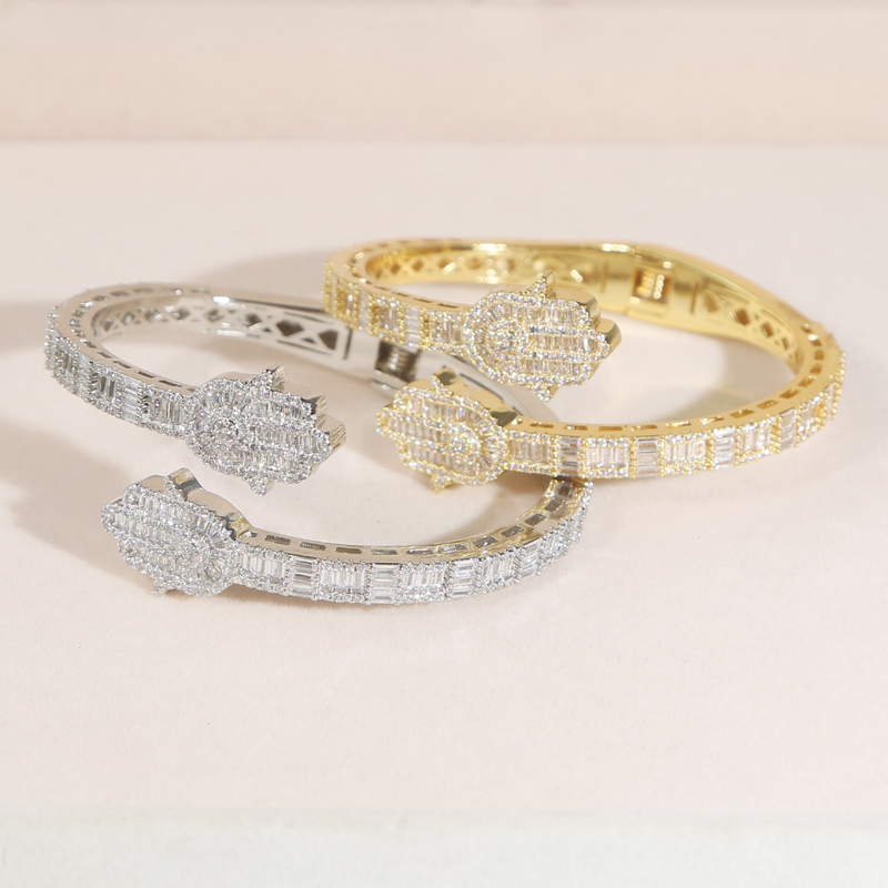Iced Out Bling CZ Custom Opened Square Cubic Zircon Paved Hamsa Hand Charm Bracelet Bangle Hip Hop Sparking Jewelry