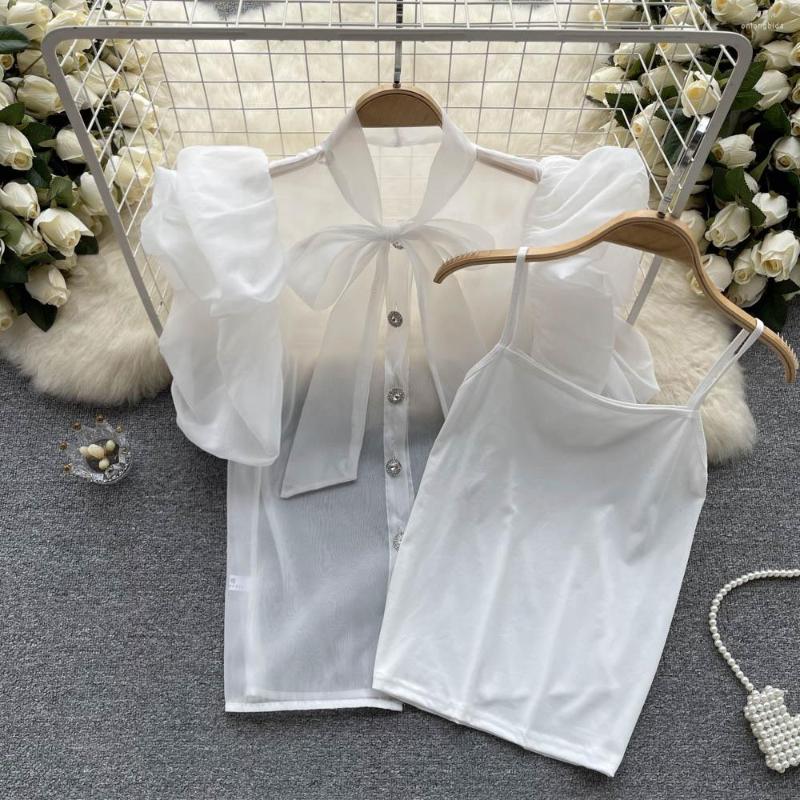 Women's Blouses Sweet Organza Perspective Short Bubble Sleeve Shirt Women Fashion Summer French Bow Chiffon Tops Blouse Clothes K336