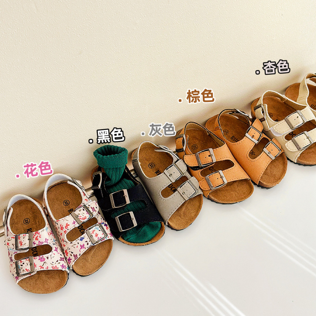 Slipper Kids Summer Sandals Breathable Cork Slippers for Boys Girls - PU Leather Hook Loop Closure Anti-Slippery Beach School 2024 S25326