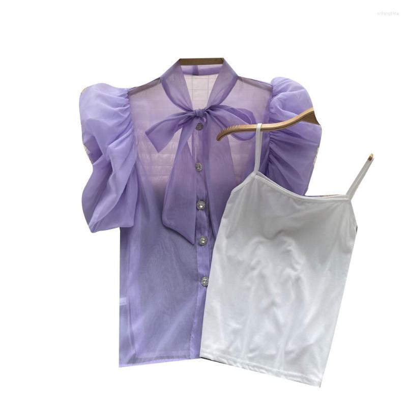 Women's Blouses Sweet Organza Perspective Short Bubble Sleeve Shirt Women Fashion Summer French Bow Chiffon Tops Blouse Clothes K336