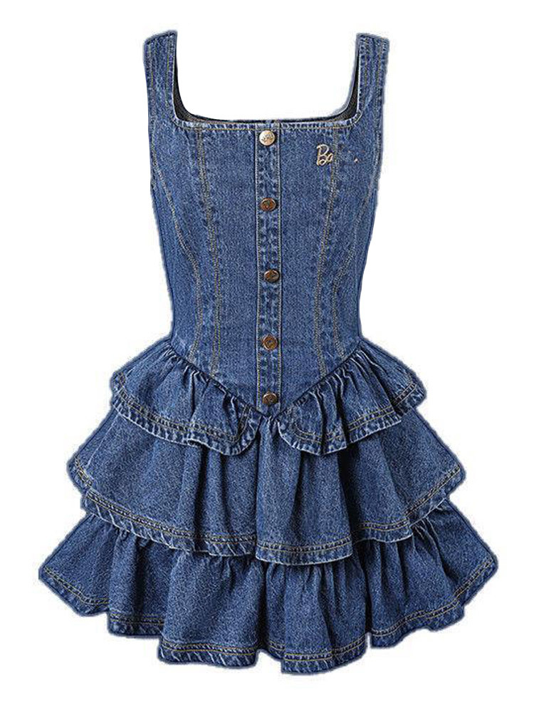 Basic Casual Dresses Preppy Style Kawaii Cake Ruffle Mini Dress Sets Patchwork Sweet Cute Slim Y2k E Girl Korean Fashion Women Vintage Denim Dresses 2