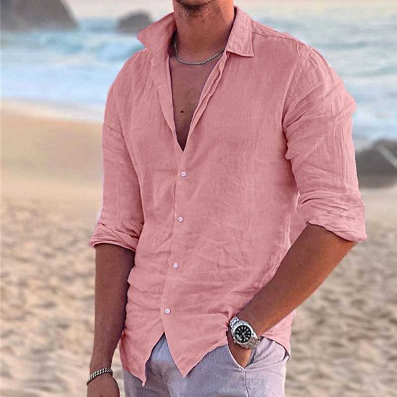 Men's casual linen shirt 100% pure cotton 2023 summer new solid cardigan long sleeved ultra-thin breathable shirt US S-3XL