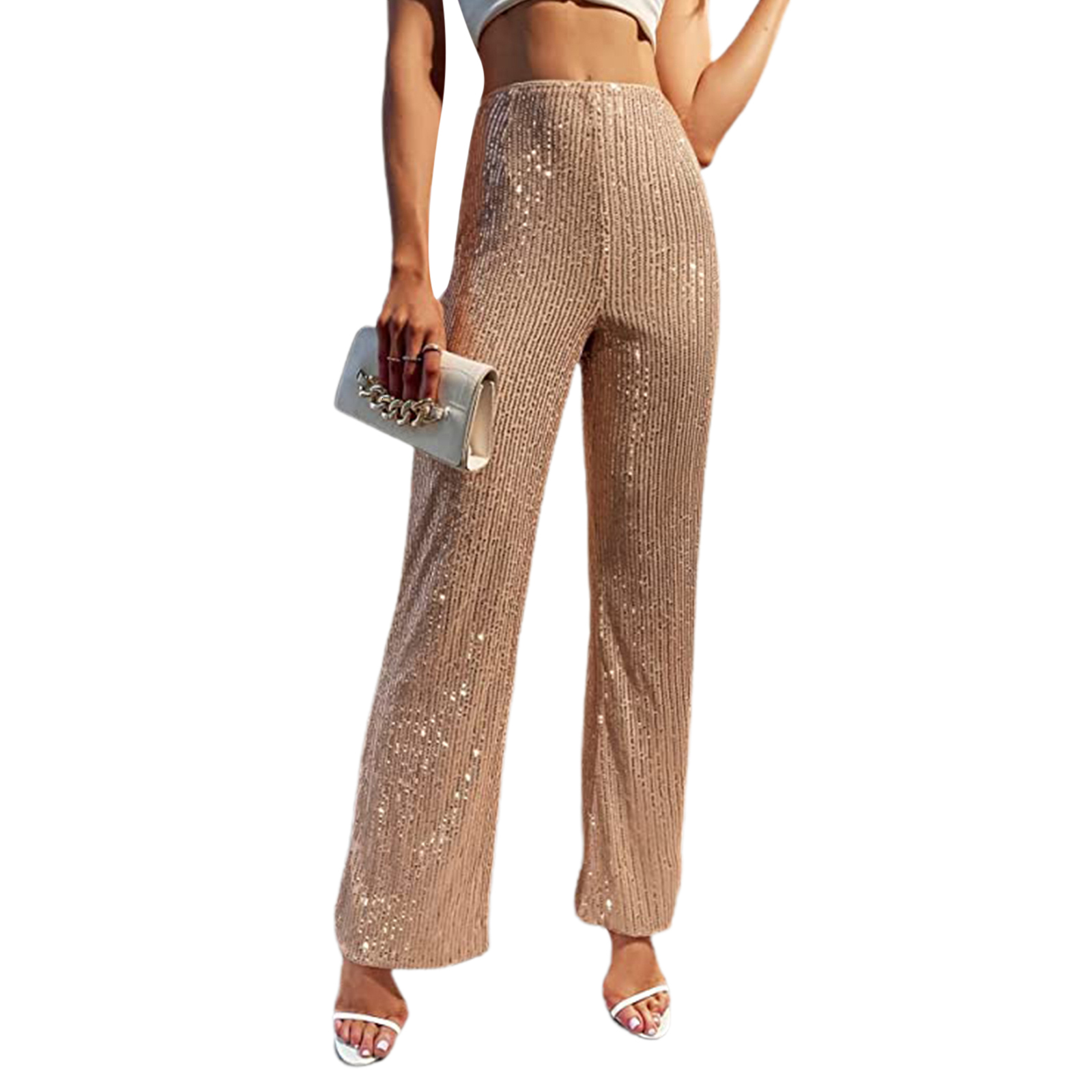 Womens Pants Capris Fashion Female Elastic High Waist Sequined Flared Casual Solid Color Slim Fit Shiny Stretch Long Trousers 230609