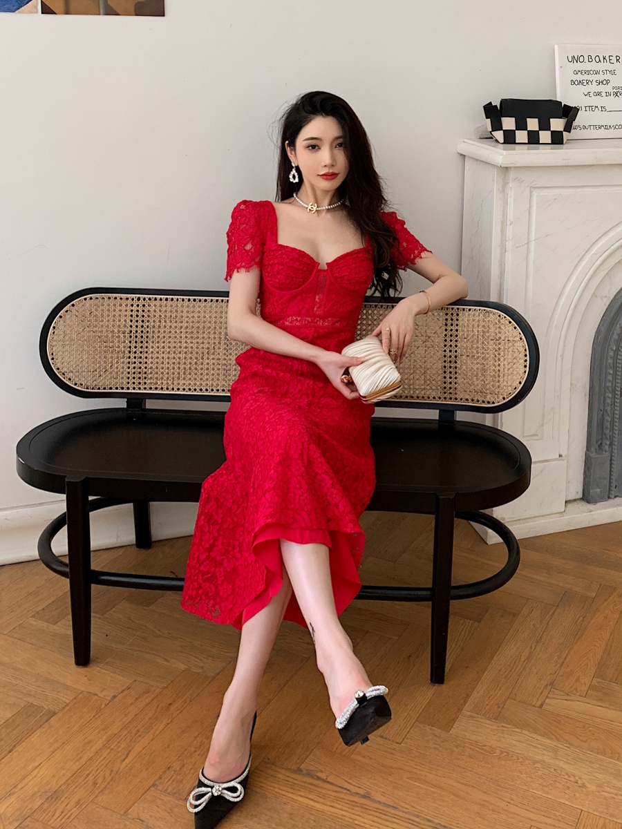 Casual Dresses S-elf-Portrait Red Lace Midi Dress Short Sleeve Backless A-line Dress for Women