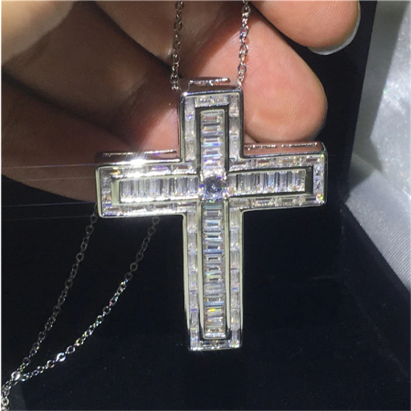 Vecalon Handmade Big Cross pendant 925 Sterling silver Princess cut Cz Stone cross Pendant necklace for Women men Party Jewelry