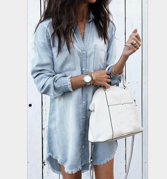 New Casual Dresses Summer Y2k Women Denim Shirt Dress Vintage Blue Jean Blouses Long Sleeve Ladies Tops Blouse Femme Mini Short Dresses