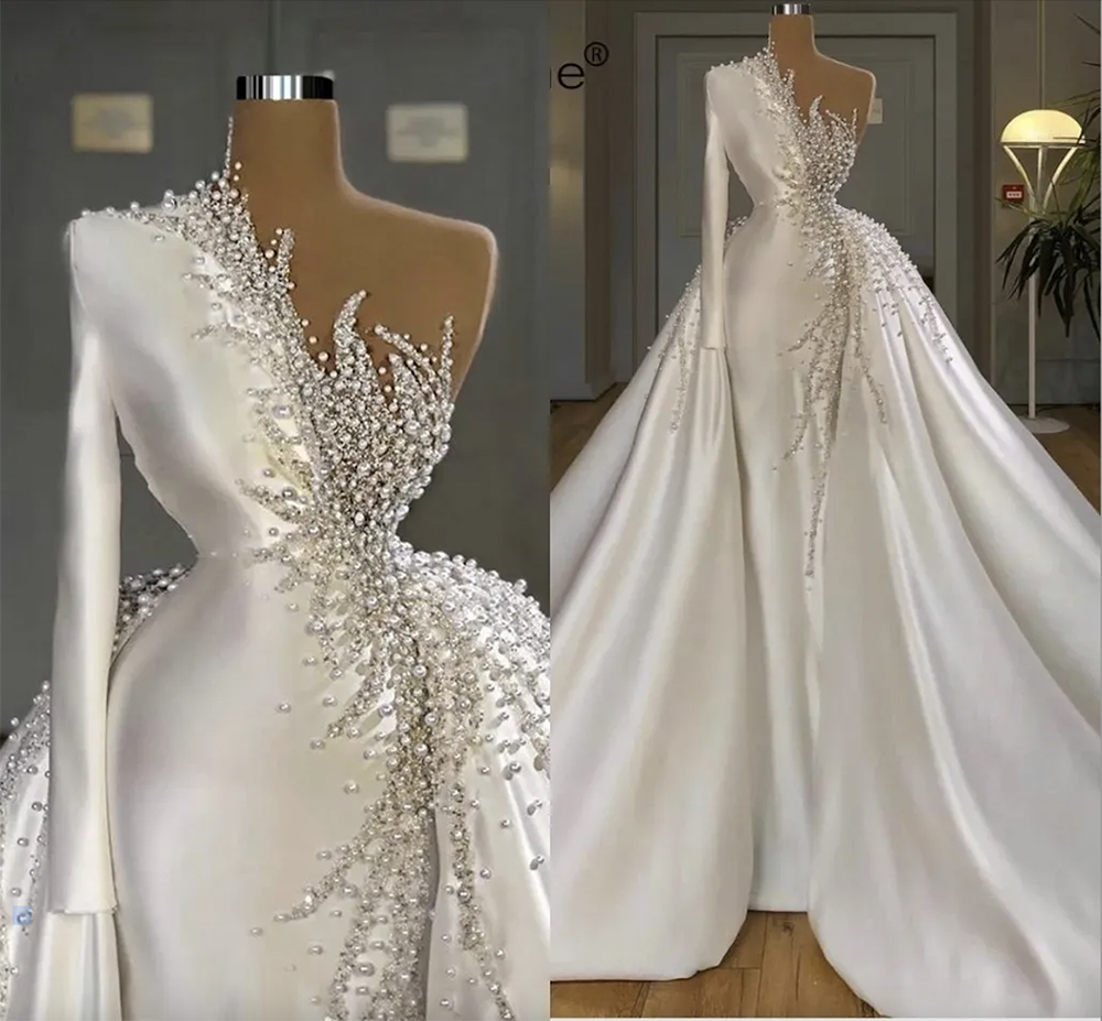 Gorgeous Dubai Arabic Mermaid Wedding Gowns With Detachable Train Elegant Satin Pearls Formal Church Bridal Dress One Shoulder Long Sleeve Robe De Soi