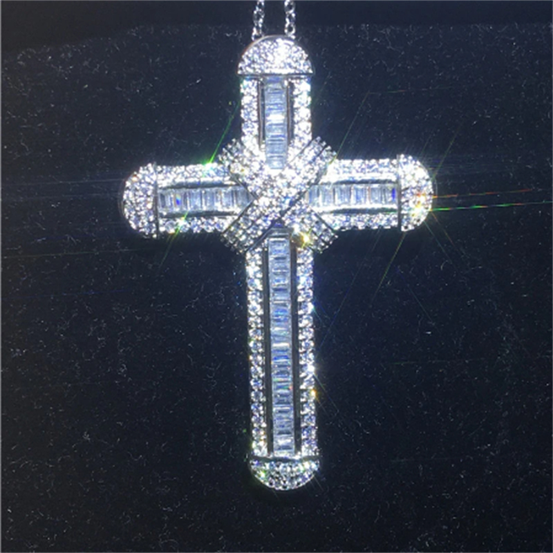 Vecalon High quality Long Cross pendant 925 Sterling silver Cz Stone Wedding cross Pendant necklace for Women men Party Jewelry