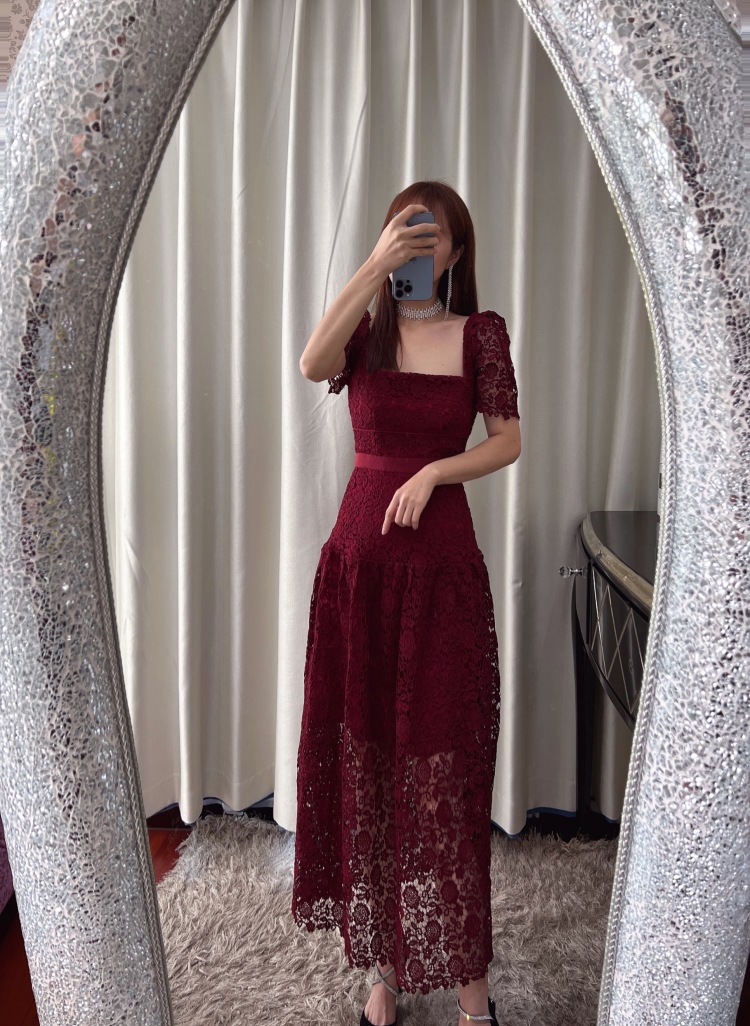 Casual Dresses S-elf-Portrait Lace A-line Dress Square Neck Short Sleeve Midi Dress for Women