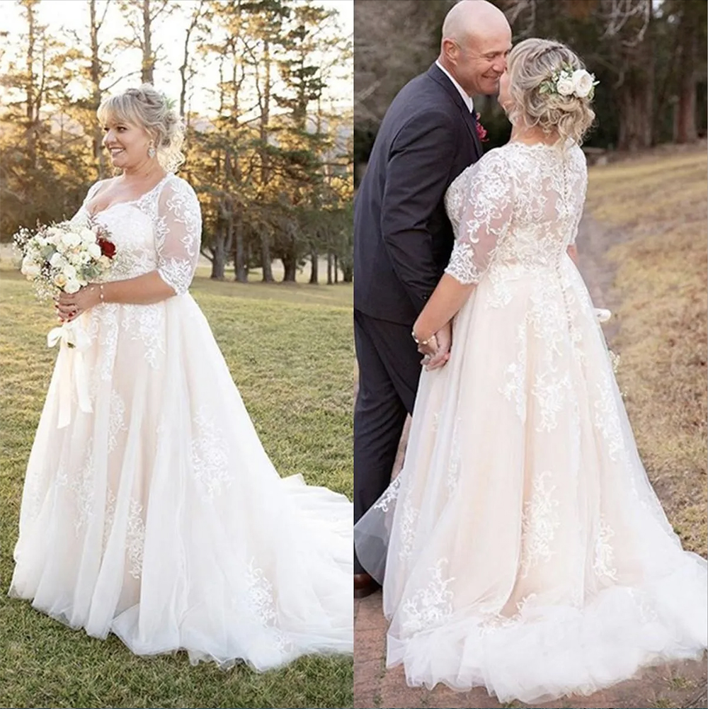 2023 Plus Size Wedding Dresses Bridal Gown A Line with 1/2 Half Sleeves Lace Applique Tulle Sweep Train Covered Buttons Back Vestidos De Novia
