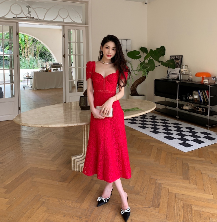 Casual Dresses S-elf-Portrait Red Lace Midi Dress Short Sleeve Backless A-line Dress for Women