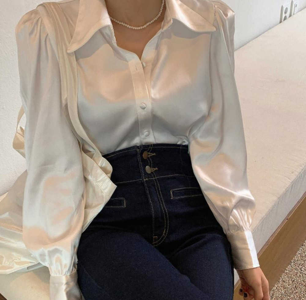 Women' Blouses Shirts 2022 Loose Silk Satin Womens Tops Button Up Puff Sleeve Office Solid Shirt Women White Blouse Blusas Mujer, Creamy-white
Women' Blouses Shirts 2022 Loose Silk Satin Womens Tops Button Up Puff Sleeve Office Solid Shirt Women White Blouse Blusas Mujer, Creamy-white