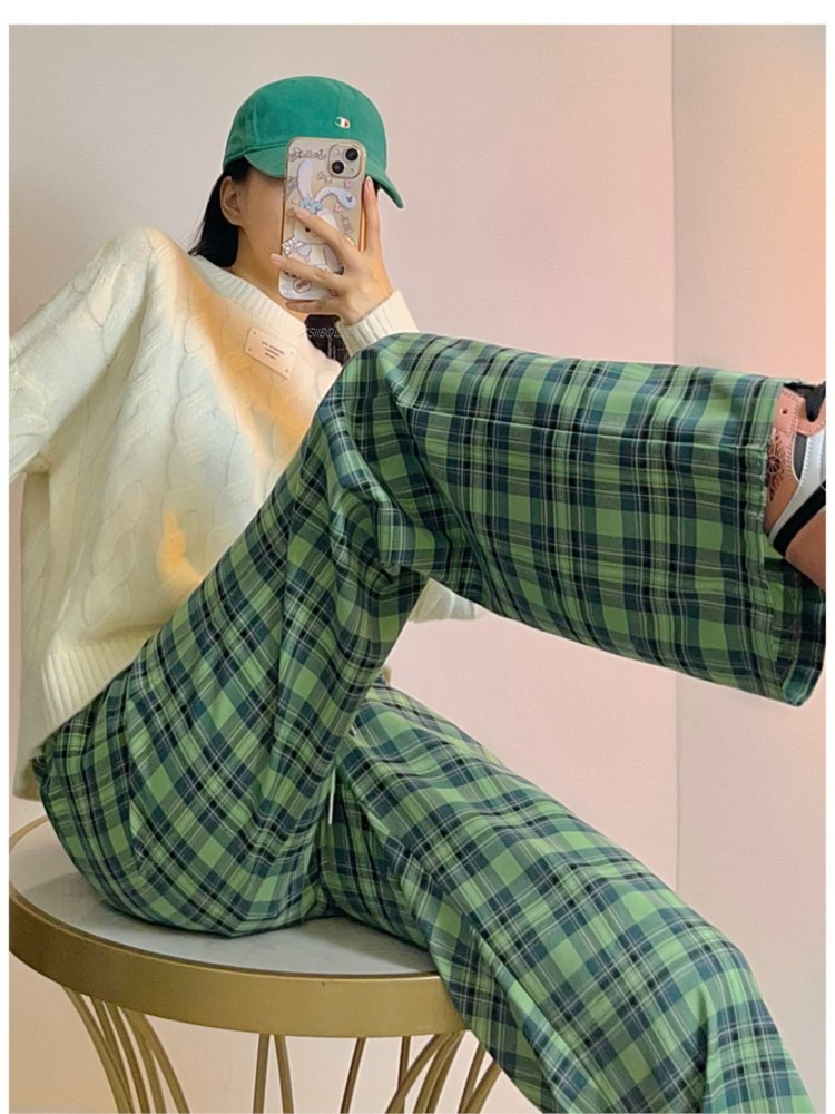 Womens Pants Capris Women pants Loose Wide y2k Leg Trousers Retro Teenagers Straight Hiphop goth korean clothes Green Plaid Oversized 230609