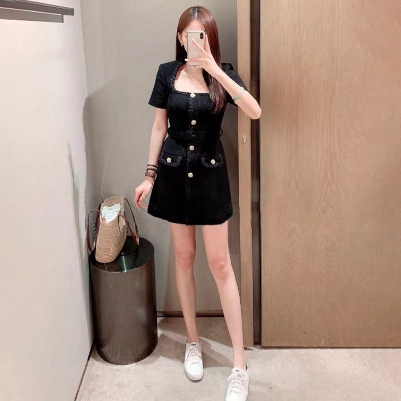 Casual Dresses S-elf-Portrait Black A-line Mini Dress Square Neck Shirt Dress for Women