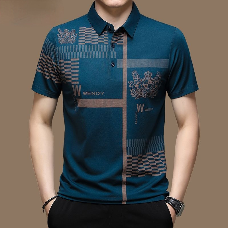 Mens Polos Summer T Shirts for Men Short Sleeve Turndown Collar Letter Printing Button Striped Polo Tees Fashion Pullover Tops 230609