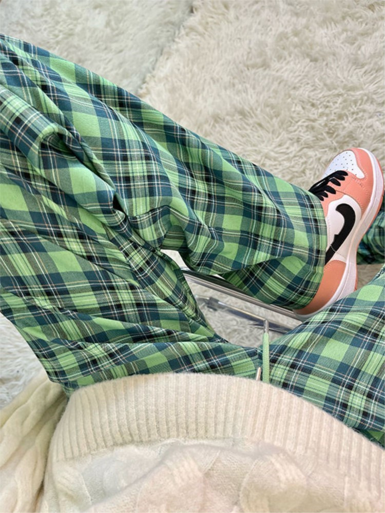 Womens Pants Capris Women pants Loose Wide y2k Leg Trousers Retro Teenagers Straight Hiphop goth korean clothes Green Plaid Oversized 230609