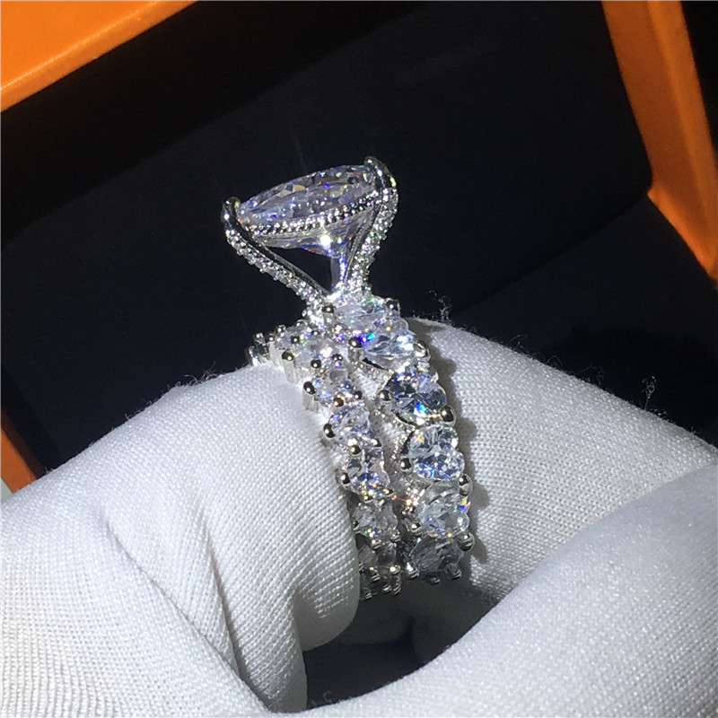 Vintage Heart shape White Gold Filled ring sets 8ct AAAAA cz Stone Engagement Wedding Band Rings for women men Fine Jewelry