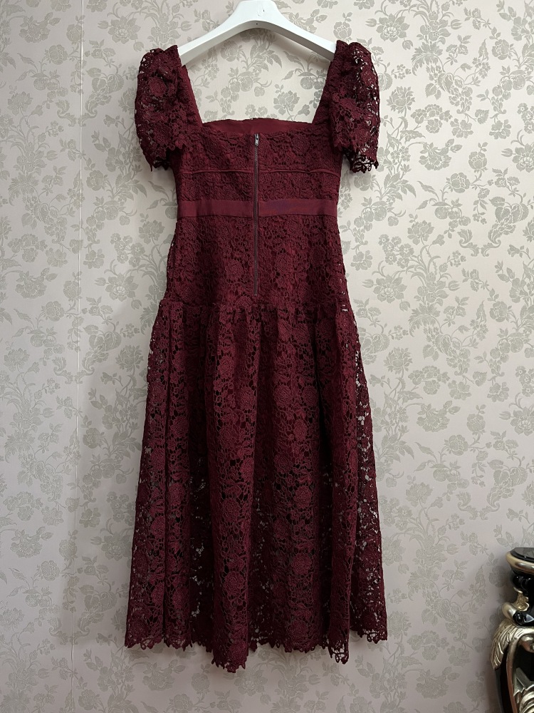 Casual Dresses S-elf-Portrait Lace A-line Dress Square Neck Short Sleeve Midi Dress for Women