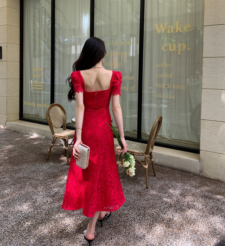 Casual Dresses S-elf-Portrait Red Lace Midi Dress Short Sleeve Backless A-line Dress for Women