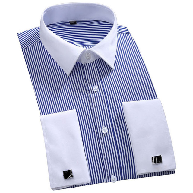 Men's Dress Shirts Men's Classic French Cuffs Striped Dress Shirt Single Patch Pocket Cufflink Included Long Sleeve Wedding Shirts 230609