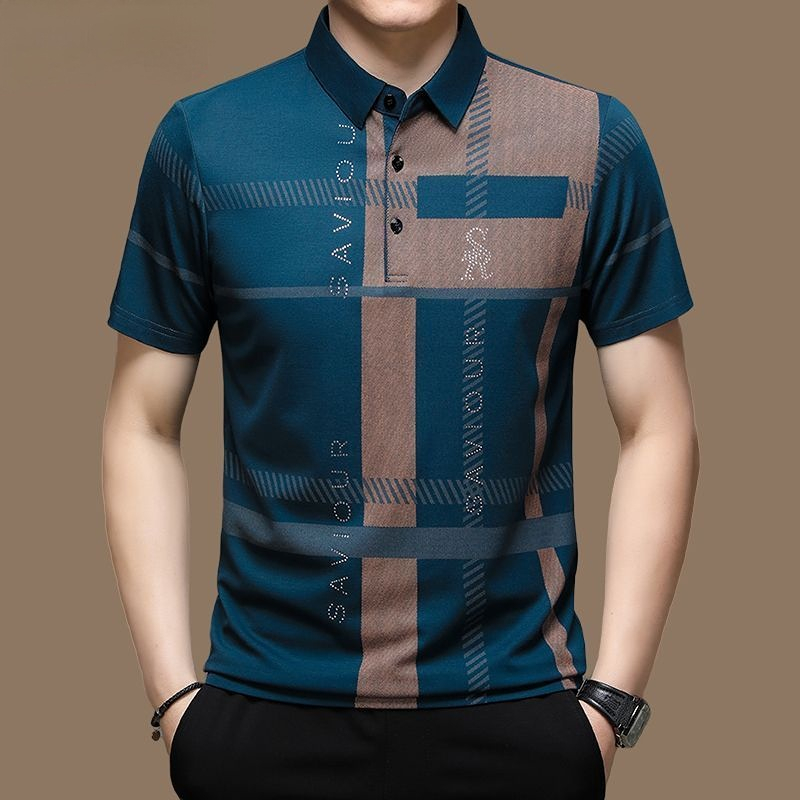 Mens Polos Summer T Shirts for Men Short Sleeve Turndown Collar Letter Printing Button Striped Polo Tees Fashion Pullover Tops 230609