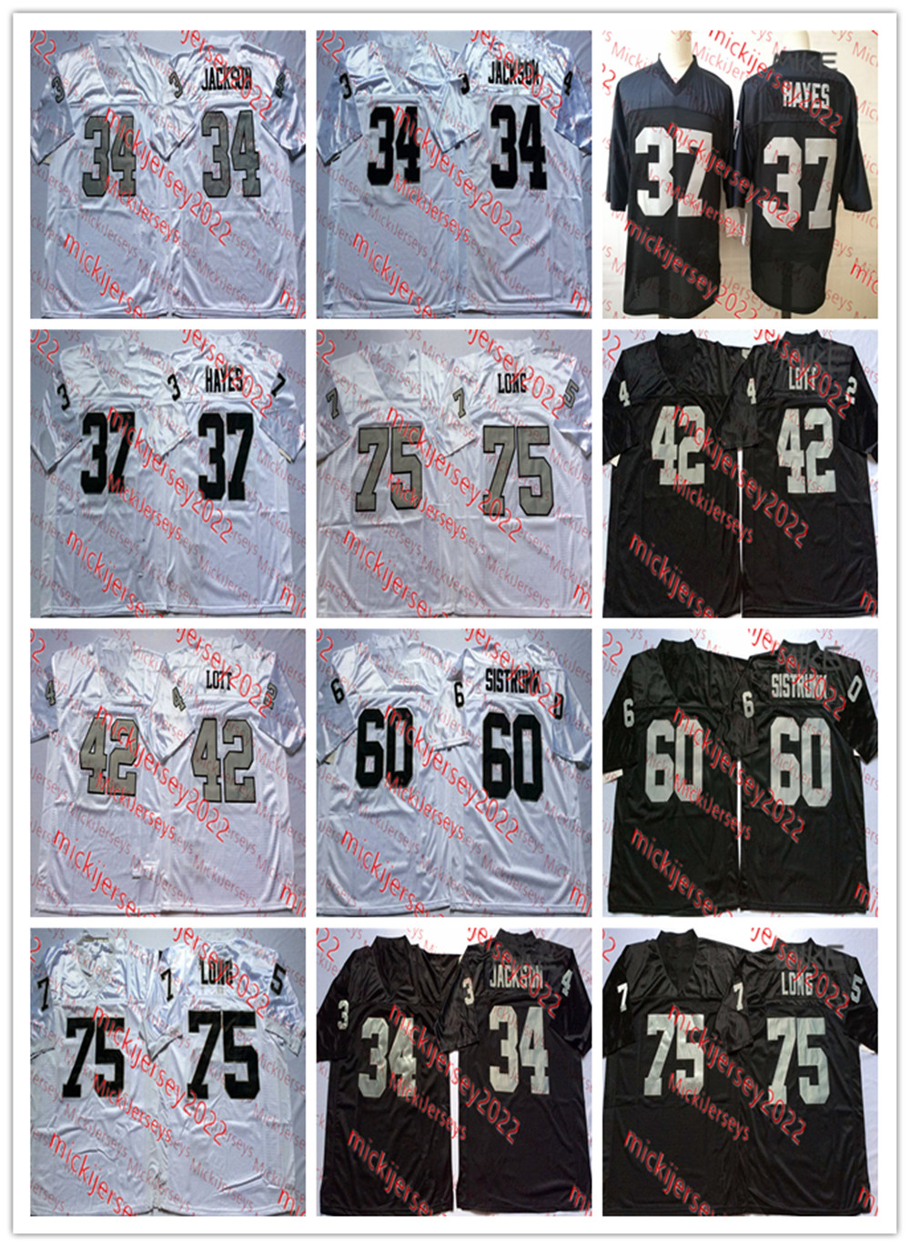 Bo JACKSON Lester Hayes Oakland Football Jersey Stitched Mens #42 Ronnie Lott #60 Otis Sistrunk #75 Howie Long Throwback Jerseys S-3XL