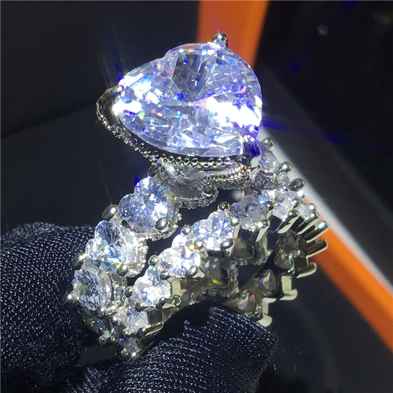 Vintage Heart shape White Gold Filled ring sets 8ct AAAAA cz Stone Engagement Wedding Band Rings for women men Fine Jewelry