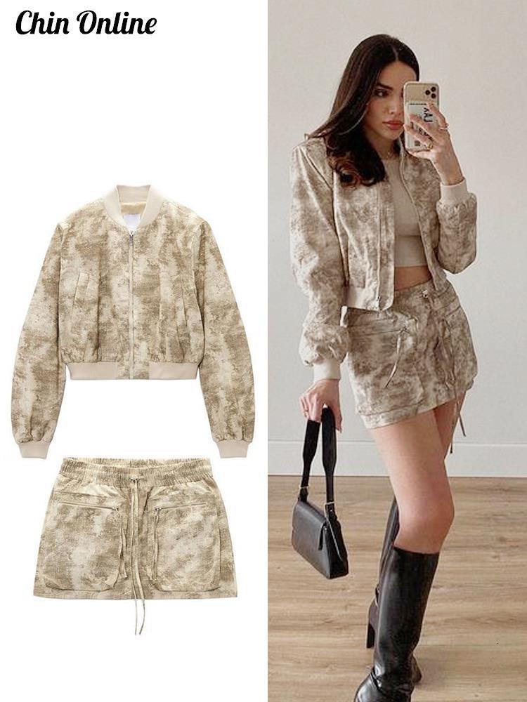 Two Piece Dres's Bomber Jacket Set Mini Skirts Short Flying Coat Sets 2023 Vintage Long Sleeve Zipper Female Outerwear Chic Coats 230609