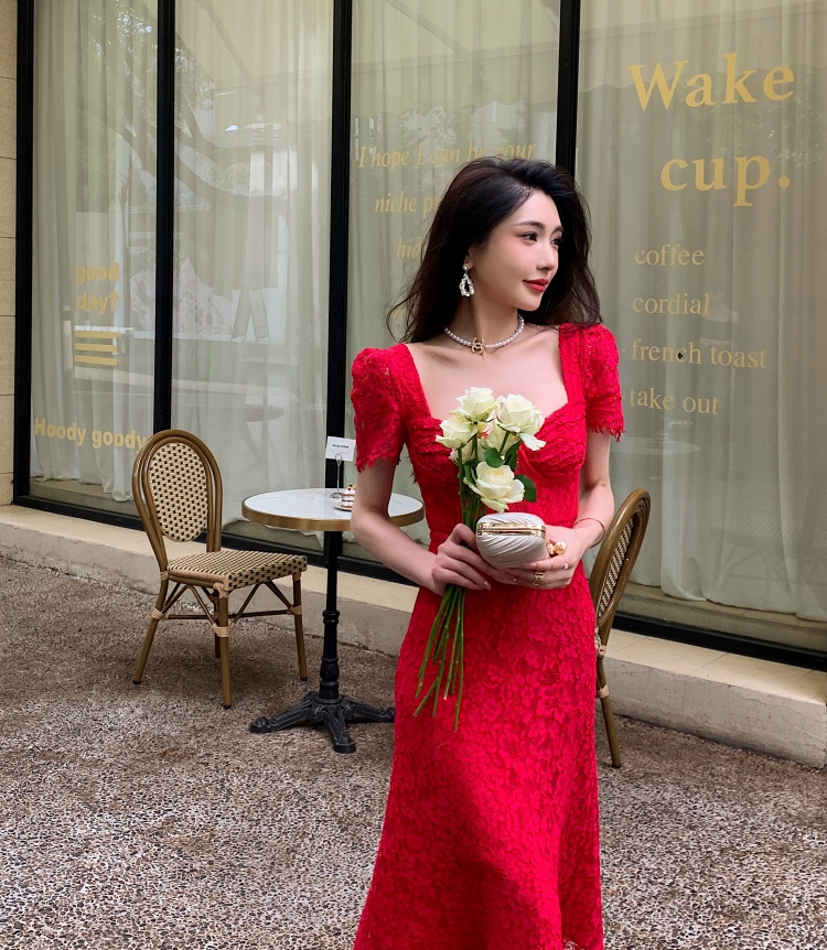 Casual Dresses S-elf-Portrait Red Lace Midi Dress Short Sleeve Backless A-line Dress for Women