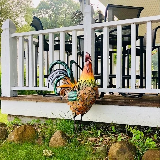 Garden Decorations Metal Sculpture Iron Rooster Statue Home Decoration Outdoor Handicraft Shelf Wall Animal Craft Gift 230609