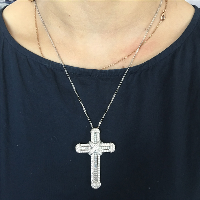 Vecalon High quality Long Cross pendant 925 Sterling silver Cz Stone Wedding cross Pendant necklace for Women men Party Jewelry