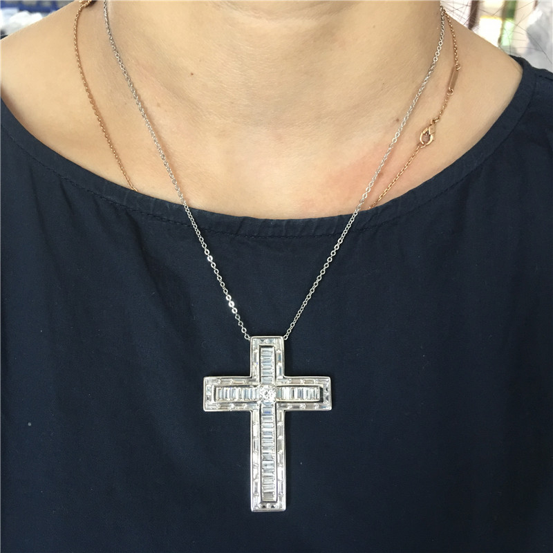 Vecalon Handmade Big Cross pendant 925 Sterling silver Princess cut Cz Stone cross Pendant necklace for Women men Party Jewelry