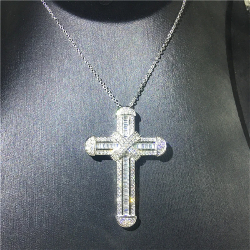Vecalon High quality Long Cross pendant 925 Sterling silver Cz Stone Wedding cross Pendant necklace for Women men Party Jewelry