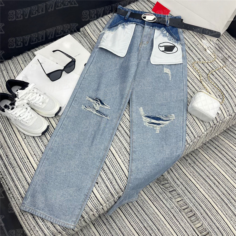 Embroidered Letters Jeans Pockets Holes Denim Pants For Women Designer Straight Pant Trousers With Hollow Metal Letter Belt, Blue
Embroidered Letters Jeans Pockets Holes Denim Pants For Women Designer Straight Pant Trousers With Hollow Metal Letter Belt, Blue