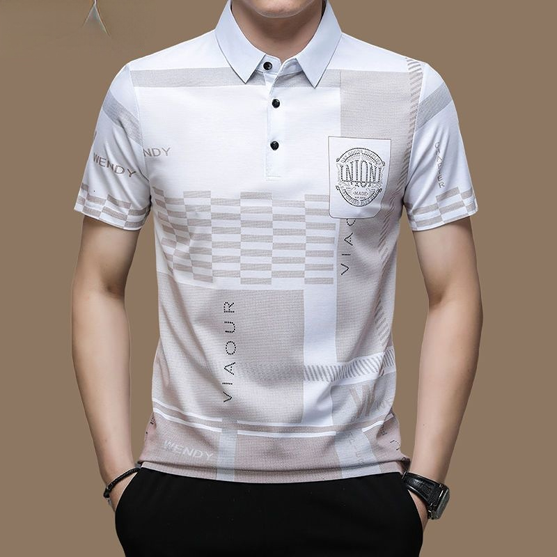 Mens Polos Summer T Shirts for Men Short Sleeve Turndown Collar Letter Printing Button Striped Polo Tees Fashion Pullover Tops 230609