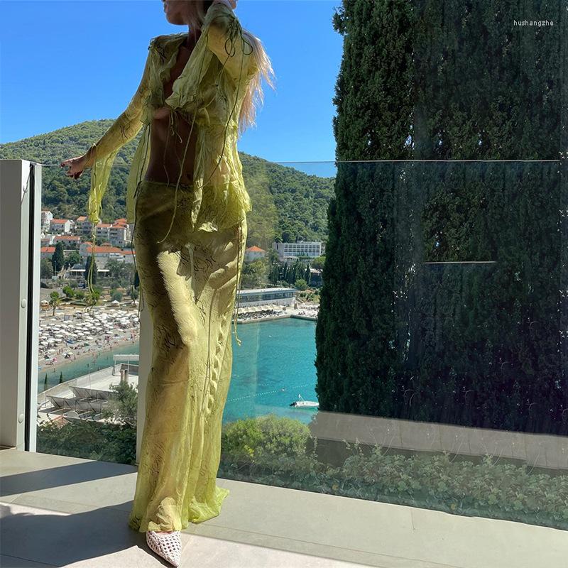 Casual Dresses Beach Print Mesh Long Sleeve Top Shirts Green And Maxi Skirt Bodycon Sexy Two Piece Sets Sundress Outfits Women Club