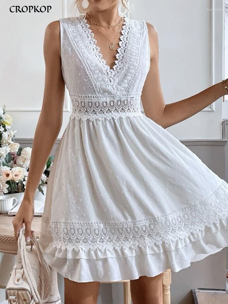 Casual Dresses Elegant Lace Stitching Short Dress Women Summer White Ruffle Sleeveless Beach Sundress Fashion V Neck In 2023