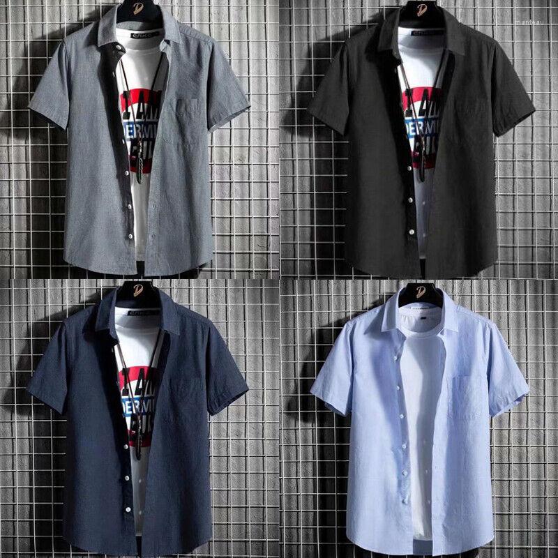 Men&#039;s Casual Shirts Mens Summer Short Sleeve Shirt Button Up Plain Formal Business Work Male Tops Black Blue Grey