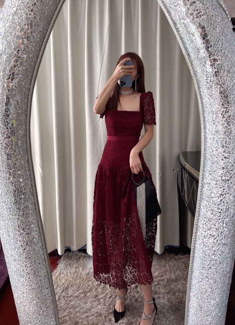 Casual Dresses S-elf-Portrait Lace A-line Dress Square Neck Short Sleeve Midi Dress for Women