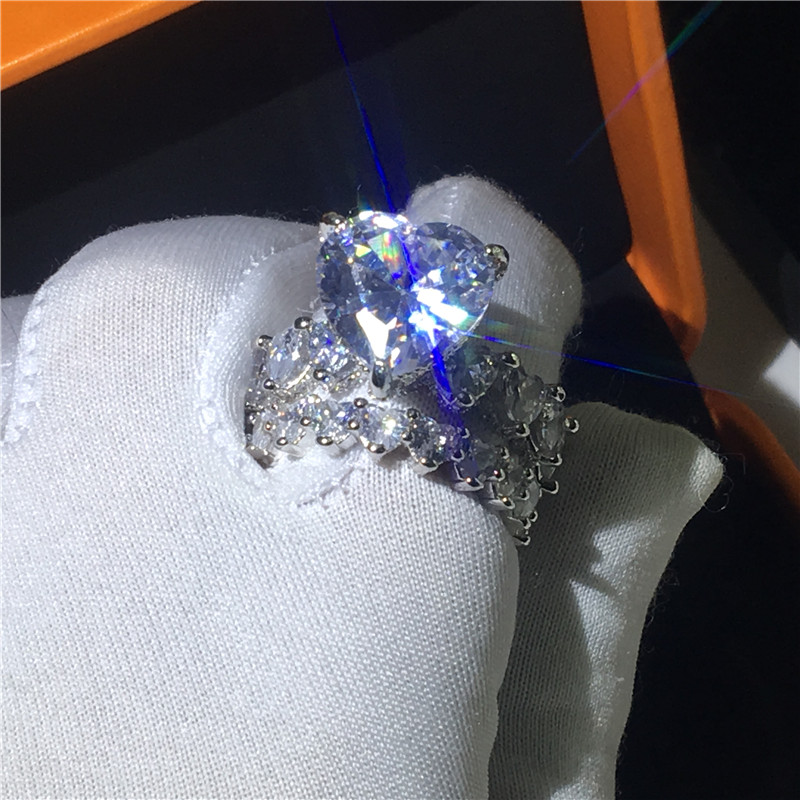 Vintage Heart shape White Gold Filled ring sets 8ct AAAAA cz Stone Engagement Wedding Band Rings for women men Fine Jewelry