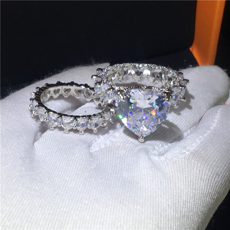 Vintage Heart shape White Gold Filled ring sets 8ct AAAAA cz Stone Engagement Wedding Band Rings for women men Fine Jewelry