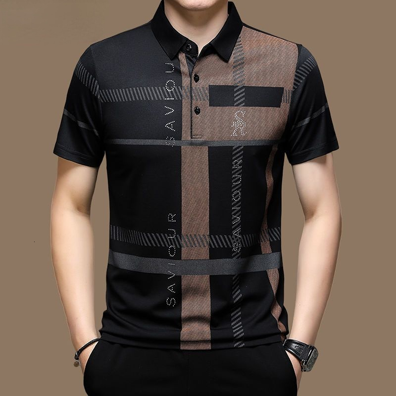 Mens Polos Summer T Shirts for Men Short Sleeve Turndown Collar Letter Printing Button Striped Polo Tees Fashion Pullover Tops 230609