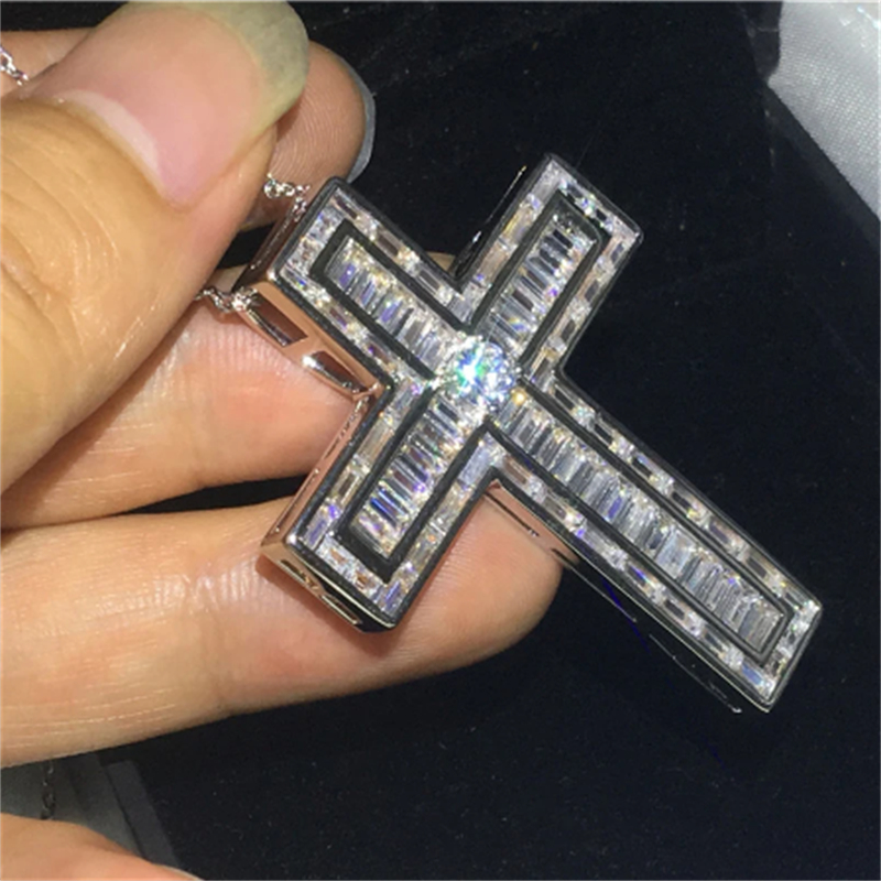 Vecalon Handmade Big Cross pendant 925 Sterling silver Princess cut Cz Stone cross Pendant necklace for Women men Party Jewelry