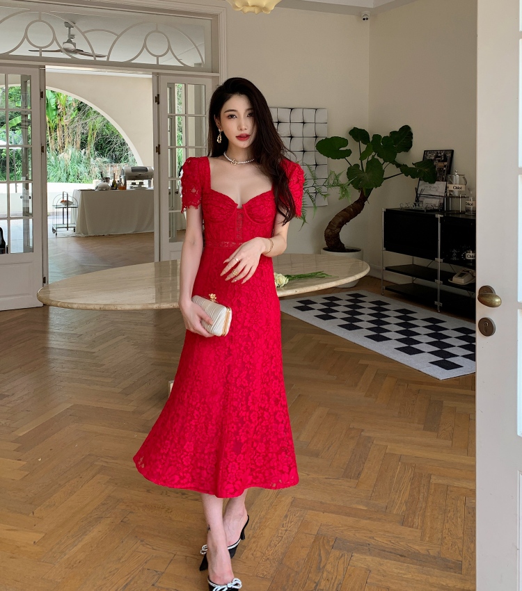 Casual Dresses S-elf-Portrait Red Lace Midi Dress Short Sleeve Backless A-line Dress for Women